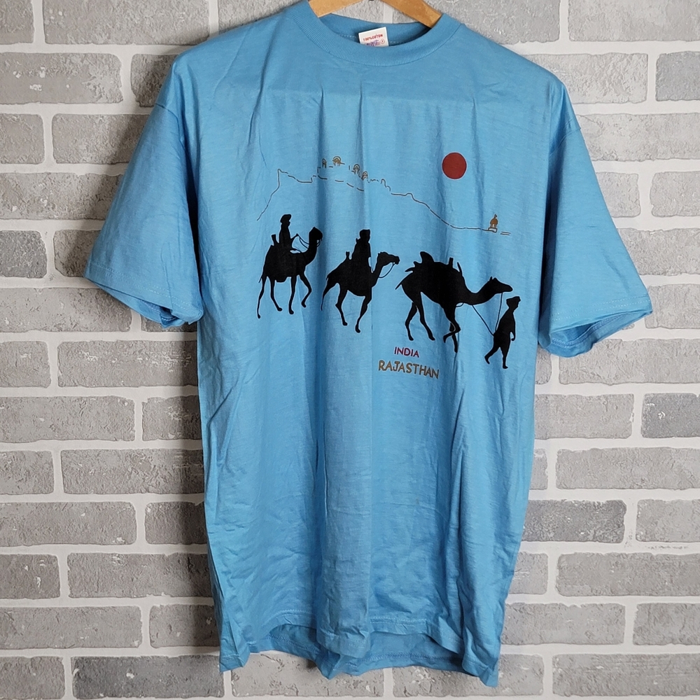 India Rajasthan Camel Caravan T-shirt Print Blue Tourist Souvenir Men's Size XXL